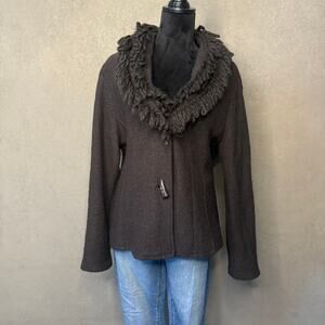 A Giannetti 100% Boiled Wool Jacket Dark Brown Curly Collar Trim Size Medium